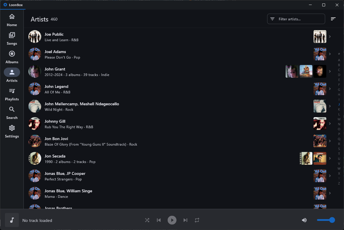 Artist browser with album art avatars