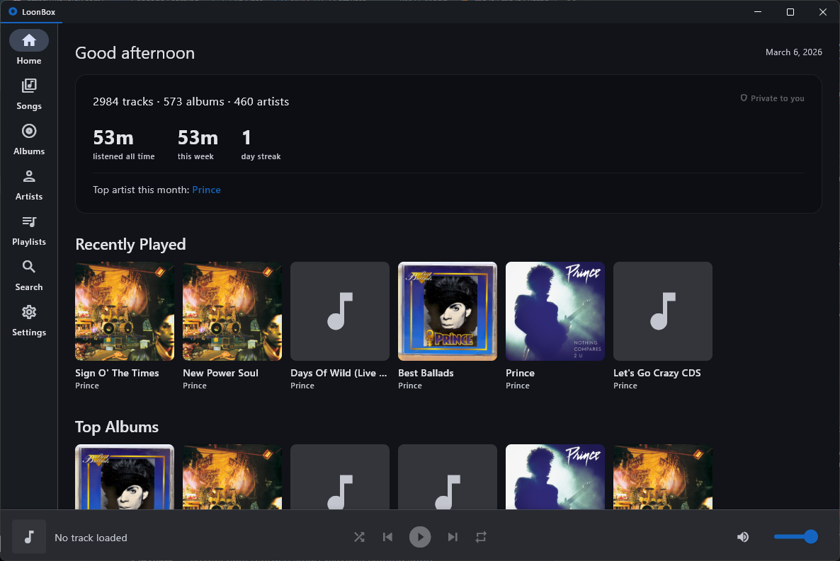 LoonBox home page with listening stats, recently played, and top albums