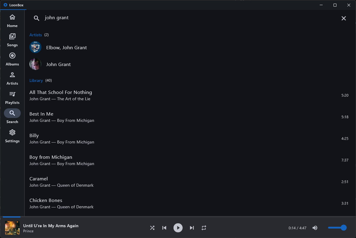 Search with artist art and track results