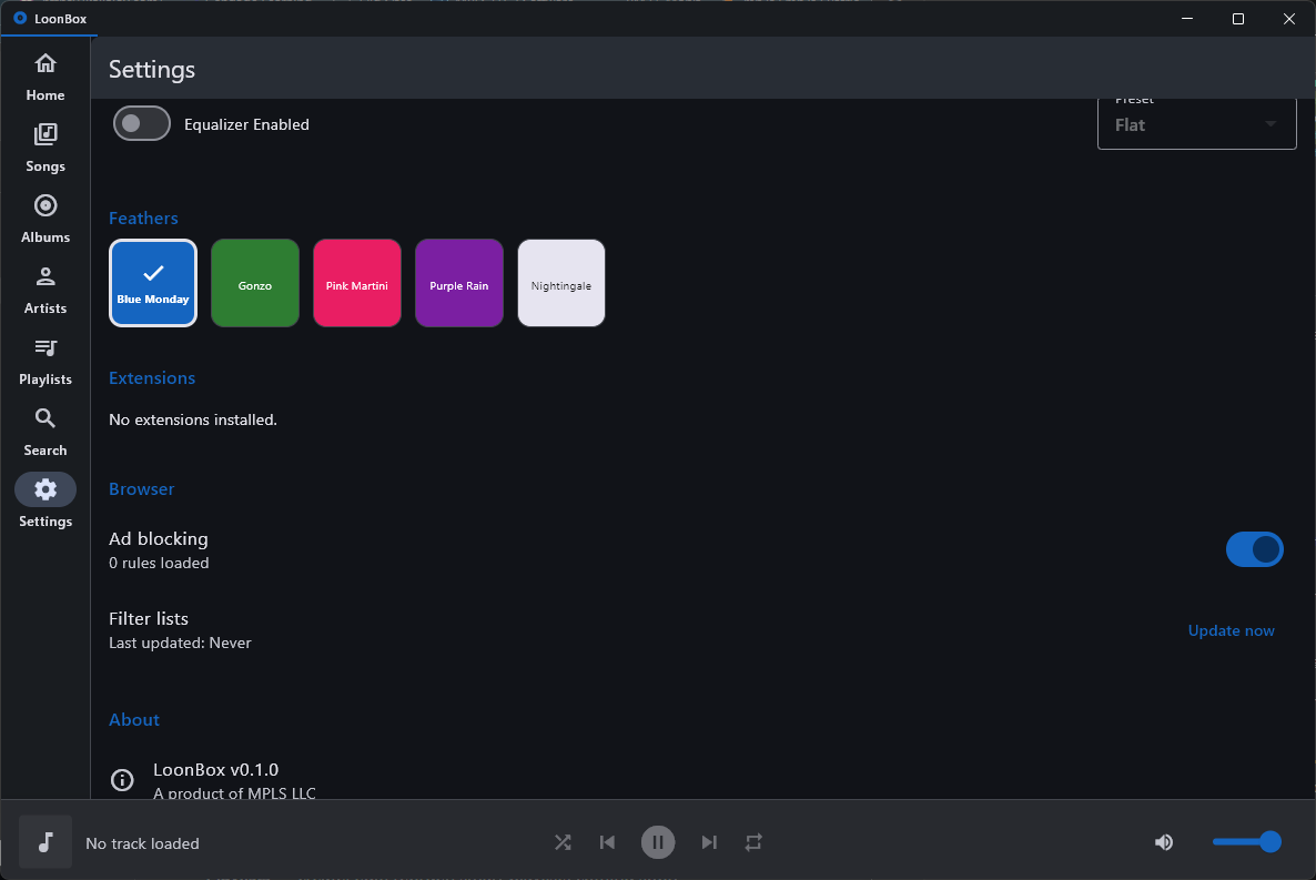 Settings with feather switcher and browser controls
